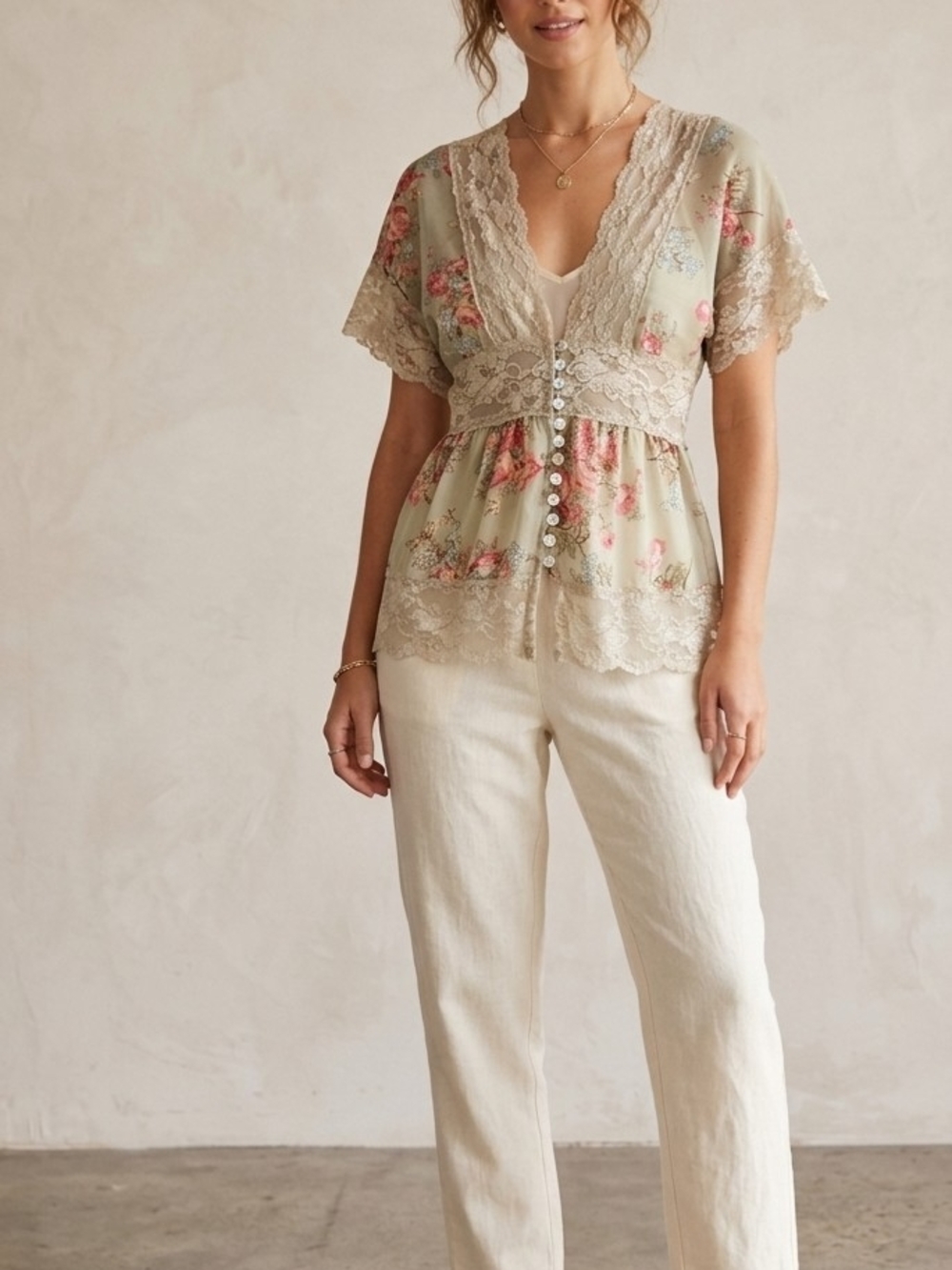 Lace-Trim Floral Button-Front Top in Sage